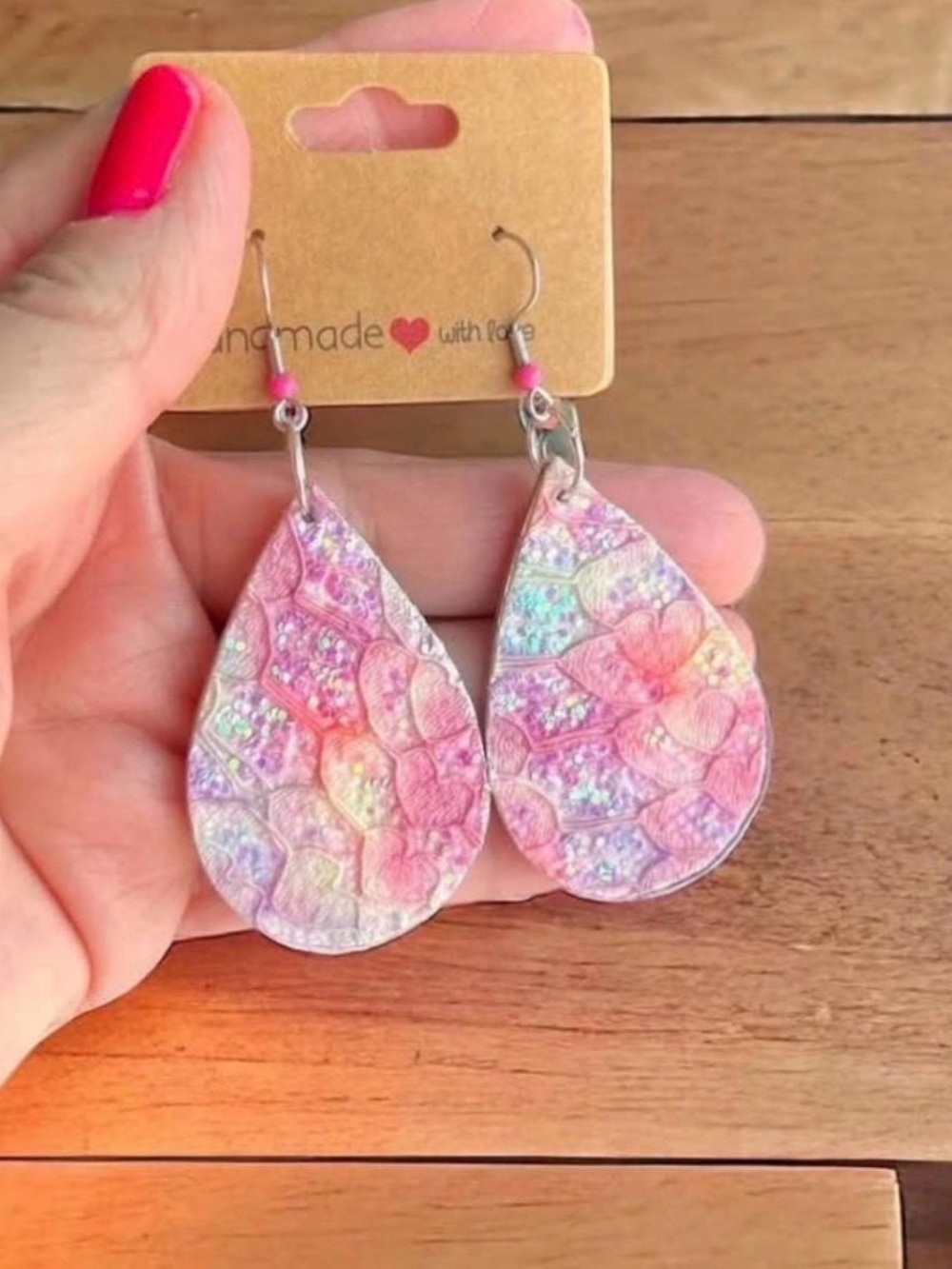 Faux Leather 2” Teardrop Earrings: Pink Glitter Lace Decoupage - Picture 2 of 2